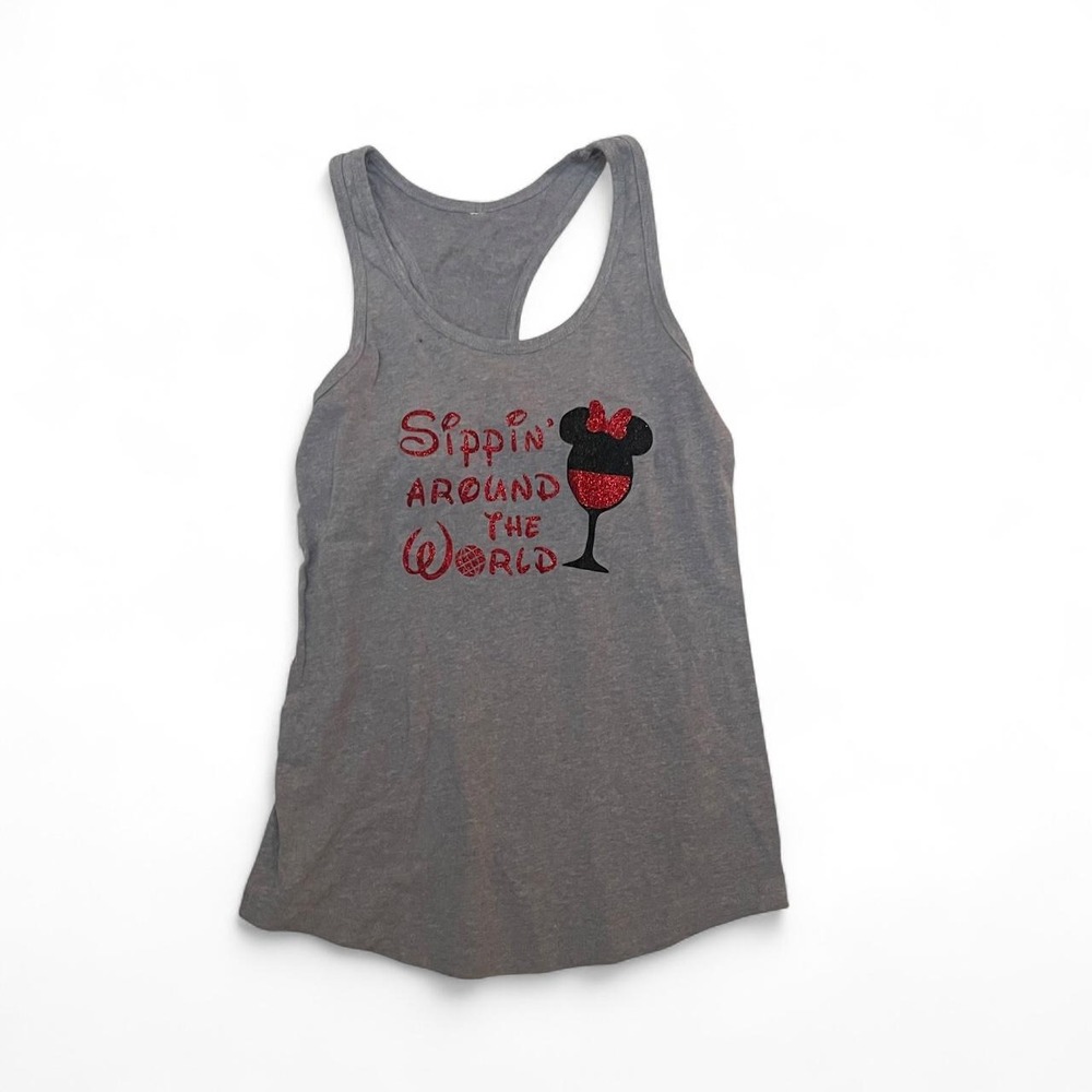 Disney Epcot Sippin Around The World Minnie Mouse Wine Gray Racerback Tank Top